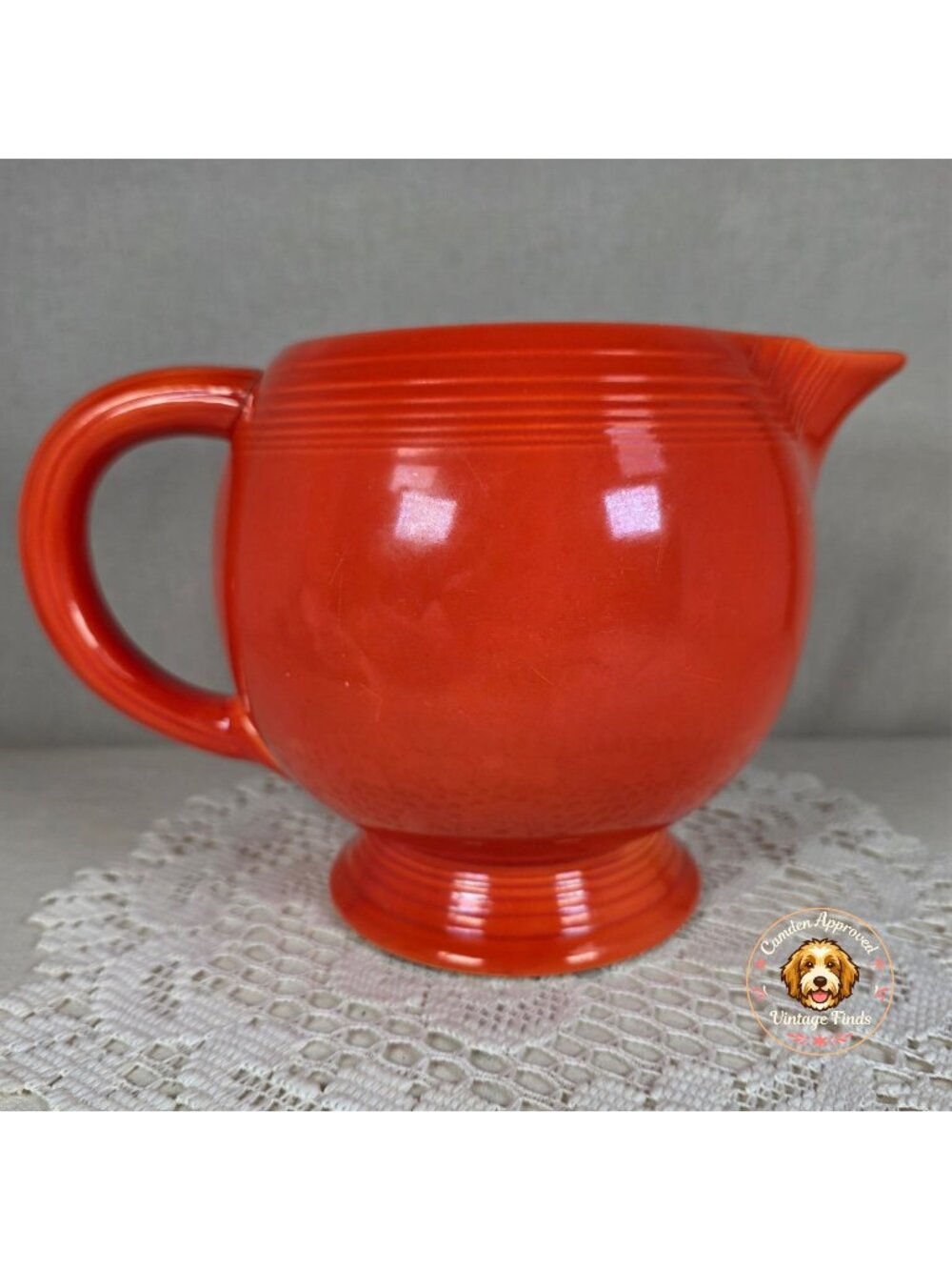 Vintage Fiesta Red Ice Lip Pitcher 9 1/2" Wide & 7" Tall Art Deco Style Ceramic